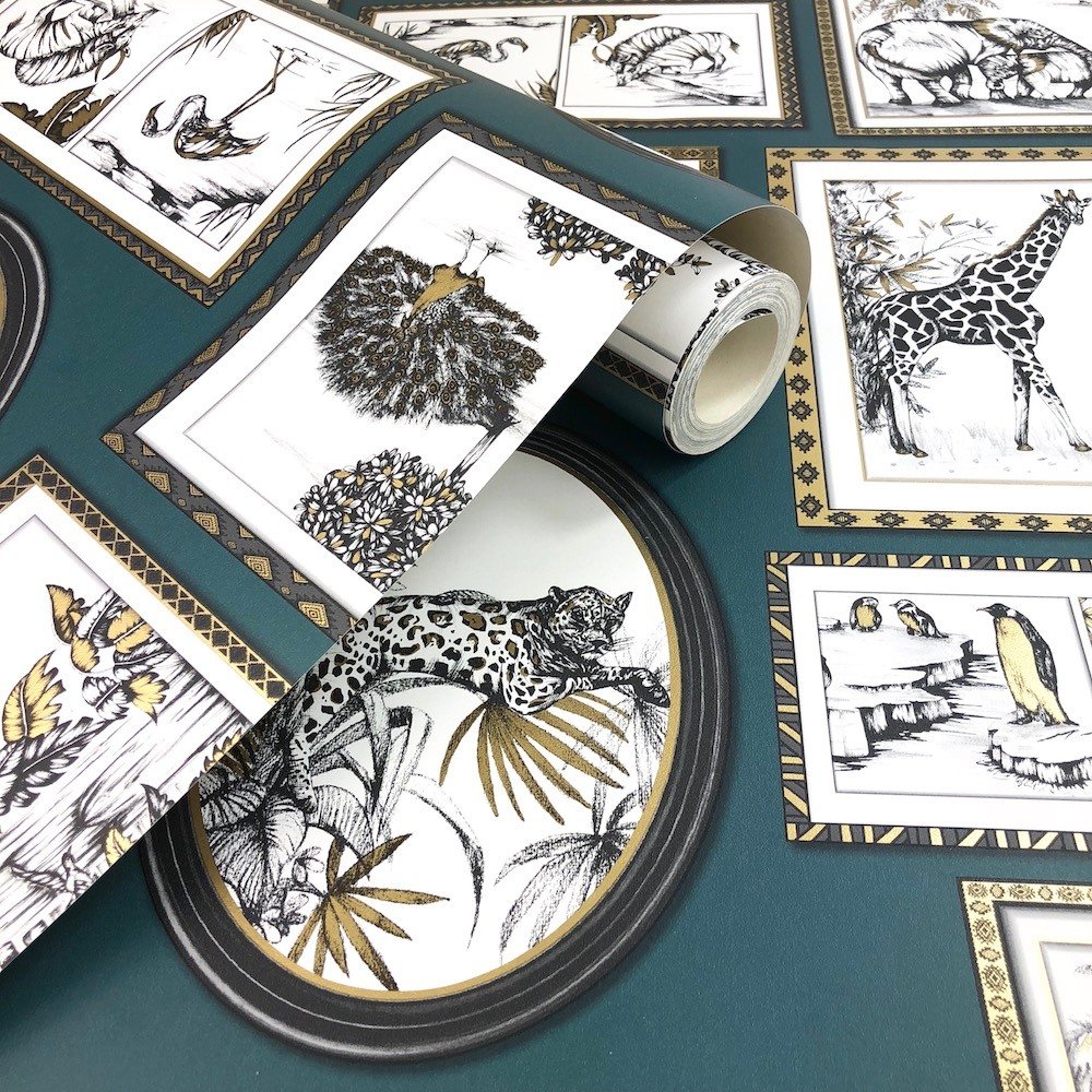 Holden Decor Safari Frames Teal & Gold Wallpaper 90070