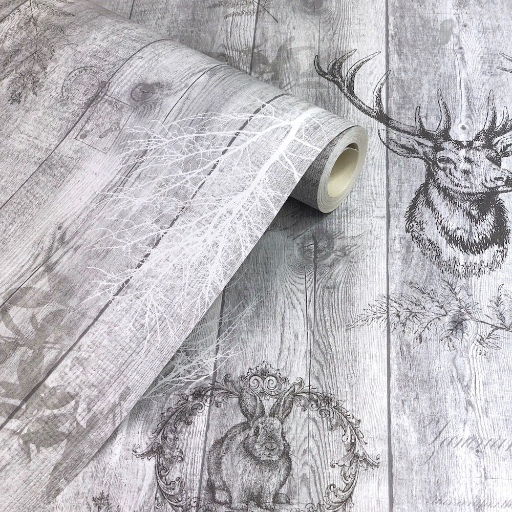 Holden Decor Stag Wood Panel Grey Wallpaper 90090
