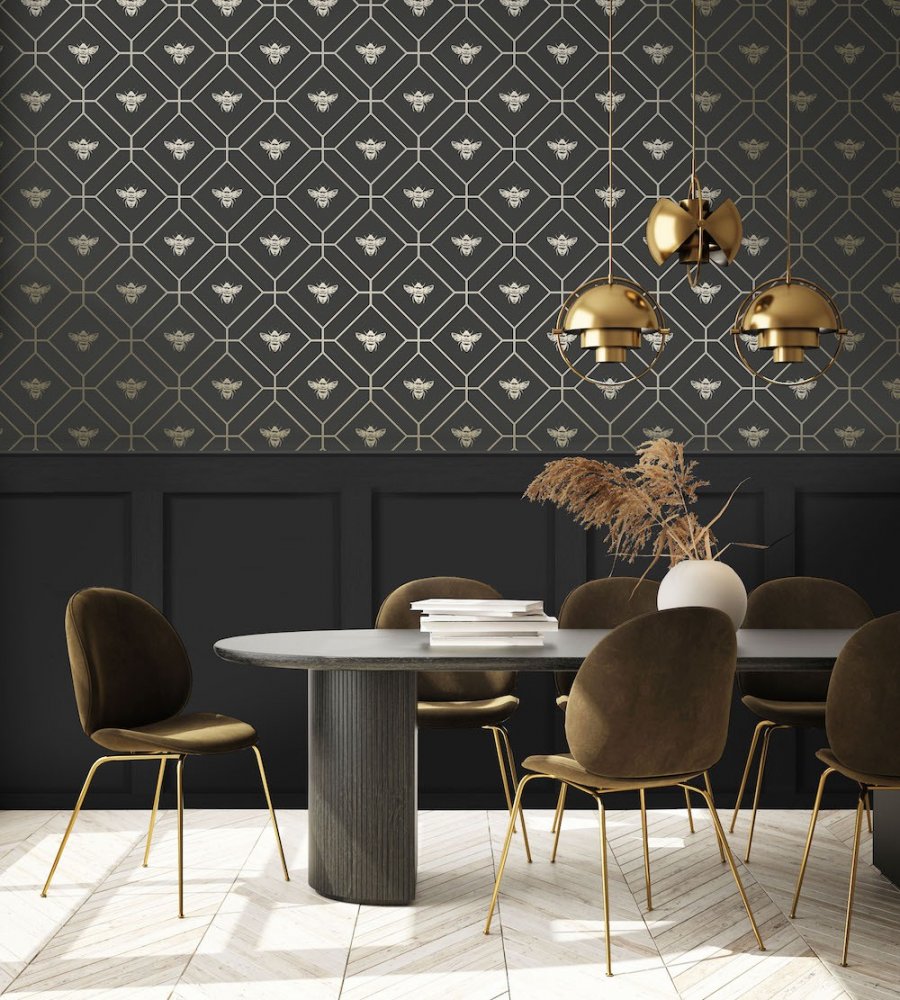 Holden Decor Honeycomb Bee Charcoal and Gold Wallpaper 13081
