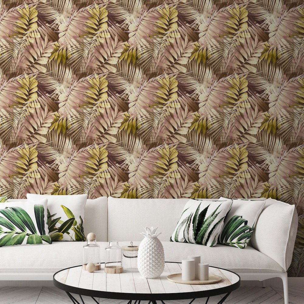Grandeco Antigua Palm Pink and Ochre Wallpaper 170703