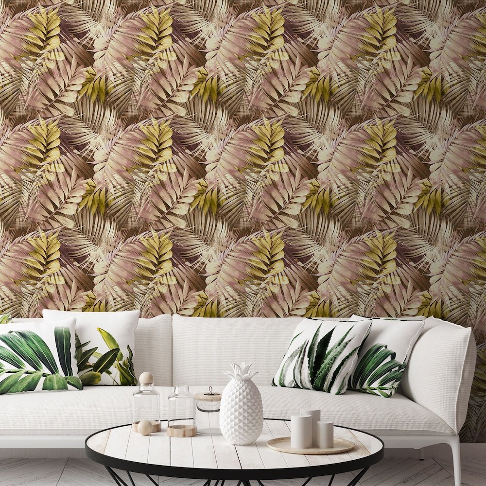 Grandeco Antigua Palm Pink & Ochre Wallpaper 170703