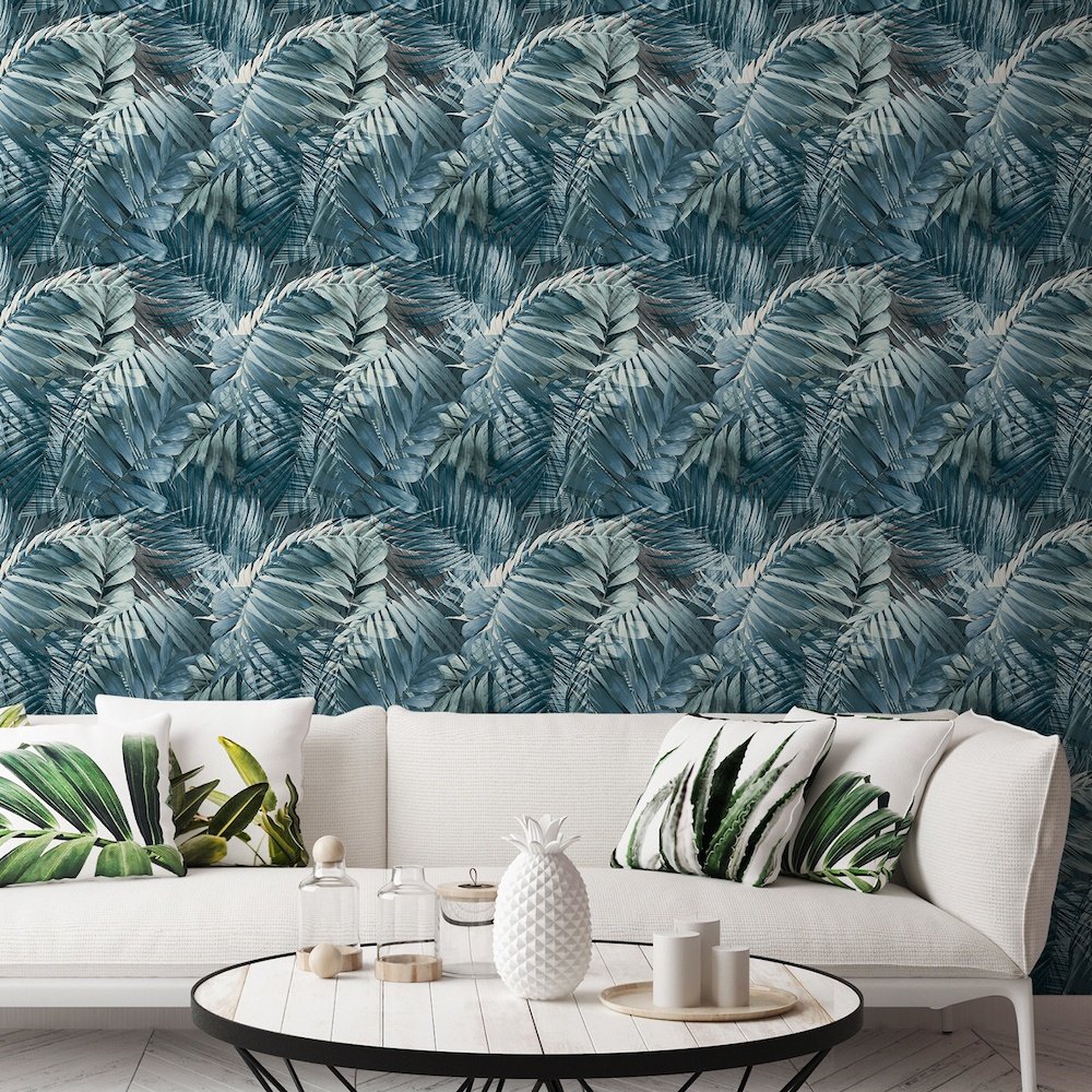 Grandeco Antigua Palm Blue Wallpaper 170705