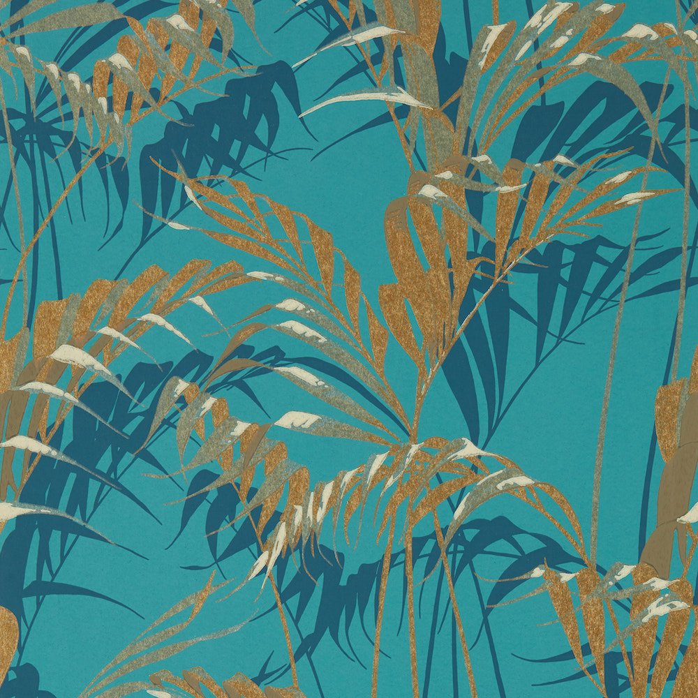 Sanderson Palm House Teal and Gold Wallpaper 216640