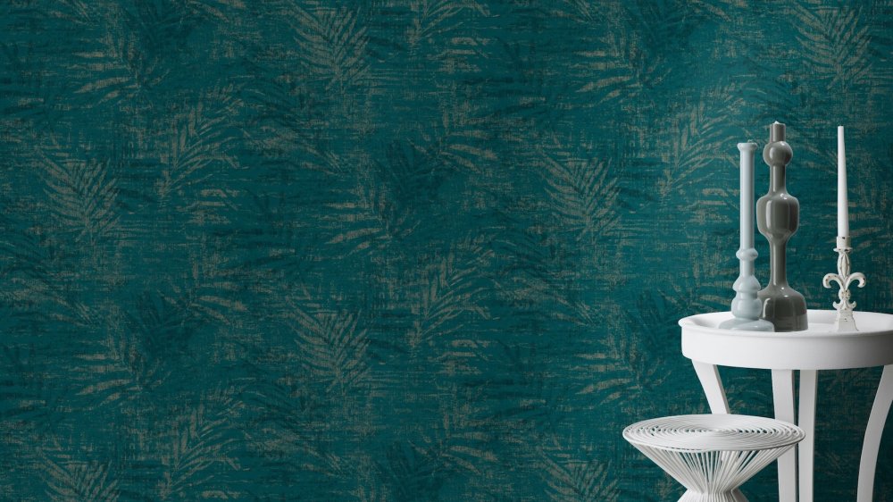 Rasch Distressed Palm Teal and Gold Wallpaper 546637