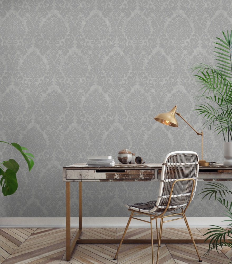 Grandeco Chenille Damask Silver Wallpaper A50105