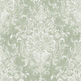 Laura Ashley Maddox Sage Green Wallpaper featuring a vintage damask design in sage green with distressed ivory detailing