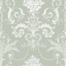 Laura Ashley Josette Sage Green Wallpaper featuring an elegant damask pattern with floral swags and intricate detailing on a soft green backdrop