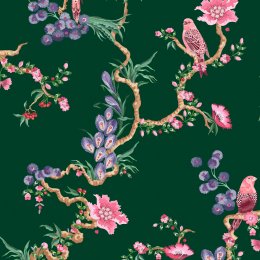 Cath Kidston Birds & Berries Emerald wallpaper, vibrant pink florals on emerald green background
