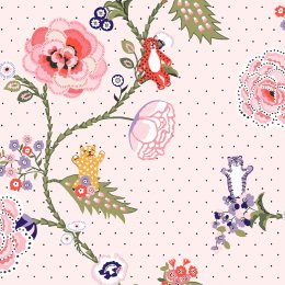 Cath Kidston Catnip Pink Wallpaper styled in a light pastel room with floral and cat motifs