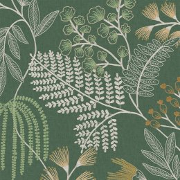Superfresco Easy Richmond Forest Green Wallpaper flat design showing botanical print with white and ochre leaves on a deep green background.