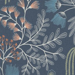 Superfresco Easy Richmond Navy Wallpaper flat image showing white and coral leaf pattern on a dark blue background.