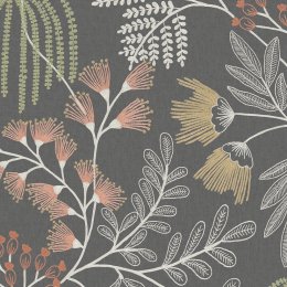 Superfresco Easy Richmond Noir Wallpaper flat image showing embroidered-style florals in blush, mustard and sage on a deep charcoal base.