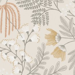 Superfresco Easy Richmond Sandstone Wallpaper flat image showing delicate ochre and white floral embroidery over a soft neutral background.