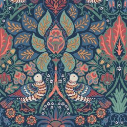 Flat image of William Morris at Home Dove & Rose Midsummer wallpaper in navy, green, and coral tones
