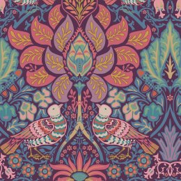 Flat image of William Morris at Home Dove & Rose Carnival wallpaper with teal and multicolour floral motif
