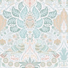 Flat image of William Morris at Home Dove & Rose Haze wallpaper in pastel tones with white background