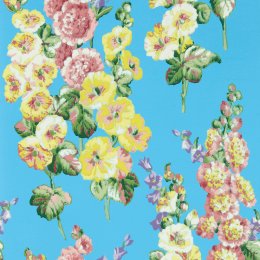 Sanderson Hollyhocks Fire Pink/Bright Blue Wallpaper 217033