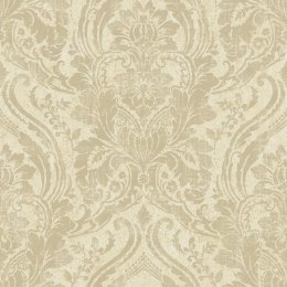 Luxurious cream and gold damask patterned wallpaper.