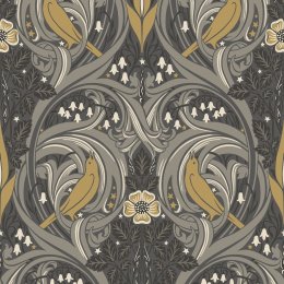 Galerie Bird Scroll Charcoal/Grey/Yellow Wallpaper