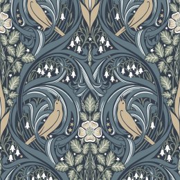 Galerie Bird Scroll Blue/Olive/Beige Wallpaper