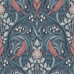 Galerie Bird Scroll Blue/Coral Wallpaper