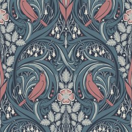 Galerie Bird Scroll Blue/Coral Wallpaper