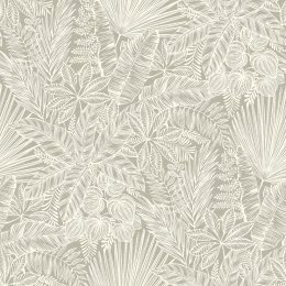 A Street Prints Vita Taupe Wallpaper flat sample with cream tropical leaves on a taupe background
