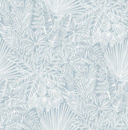 A Street Prints Vita Blue Wallpaper featuring tropical leaf outlines on a soft blue background