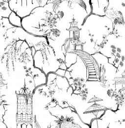 Flat image of A Street Prints Serena Charcoal Wallpaper showing pagodas and cranes