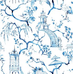 Serena Blue wallpaper flat pattern with chinoiserie cranes, pagodas, and blue branches