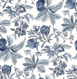 Cecilia Blue wallpaper flat pattern with indigo botanical fruits and leaves