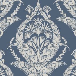 Arlie Blue wallpaper with cream folk damask on blue background