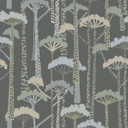 Unify Blue and Grey Wallpaper featuring abstract tree silhouettes in muted blue, grey, and green tones