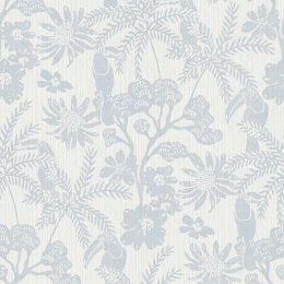 A Street Prints Jacaranda Blue Wallpaper with palm leaves, exotic flowers, and hidden toucans in soft blue tones.