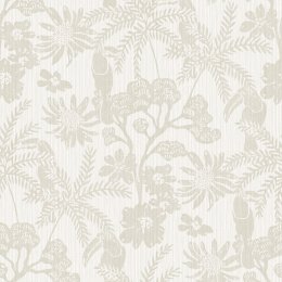 A Street Prints Jacaranda Stone Wallpaper featuring palm leaves, tropical flowers, and toucans in soft stone and neutral tones.