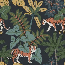 A Street Prints Caspian Blue Wallpaper featuring tropical leaves and roaming tigers on a deep blue background.