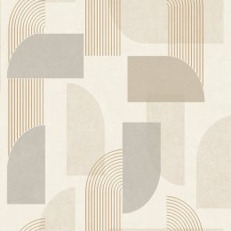 Geometric taupe, grey, and beige wallpaper featuring arches and block shapes.