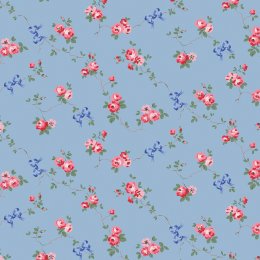 Rose & Bows Blue wallpaper with coral pink and cranberry red roses on a sky blue background