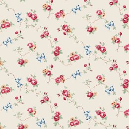 Rose & Bows Cream wallpaper with pastel roses and blue ribbon bows on a cream background