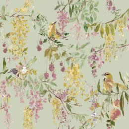 Paul Moneypenny Floral Hall green wallpaper roll shot with tropical jungle design and colourful birds.
