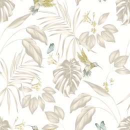 Hummingbird Pearl Wallpaper featuring graceful hummingbirds, tropical foliage, and golden flowers on a soft pearl background.