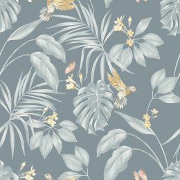 Hummingbird Petrol Wallpaper with a deep blue background, soft botanical leaves, and elegant hummingbirds.