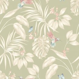 Hummingbird Sage Wallpaper featuring soft green tones, tropical leaves, and delicate hummingbirds in flight.