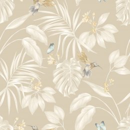 Hummingbird Straw Wallpaper featuring tropical leaves, yellow flowers, and hummingbirds in soft straw tones.