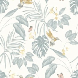 Hummingbird Wedgewood Wallpaper with soft blue-grey tones, botanical leaves, and elegant hummingbirds.