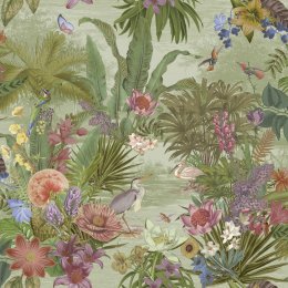 Paul Moneypenny Floral Hall green wallpaper roll shot with tropical jungle design and colourful birds.