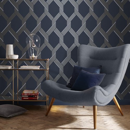 Graham & Brown Vector Navy / Gold Wallpaper 105466