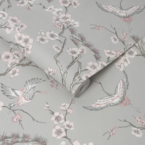 Graham & Brown Japan Grey Pink Wallpaper 105985