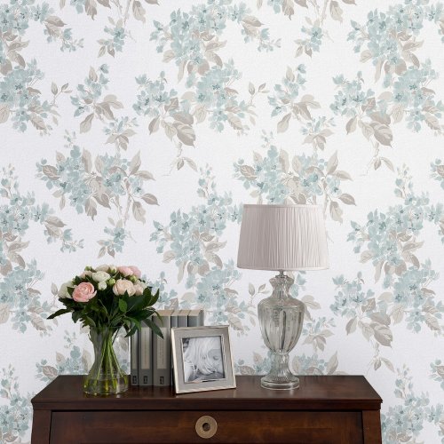 Laura Ashley Willow Apple Blossom Duck Egg Wallpaper 113367