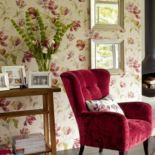 Laura Ashley wallpaper with red and pink tulip flowers